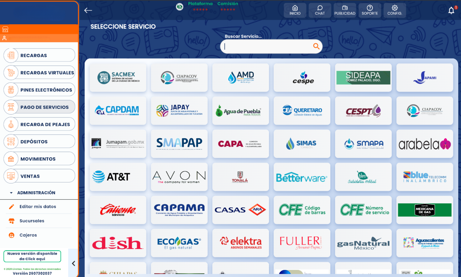 Vista de plataforma con pagos de servicios